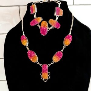 925 Sterling Silver Pink & Amber Quartz Statement Necklace Bracelet Artisan Set